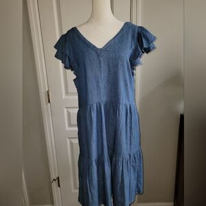 Gilmore & Latimer Denim BOHO Tiered Dress, SZ S, V Neck front and back